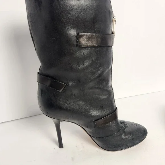 Jimmy Choo Women's Distressed Front Zip Black Leather Boots Size 37.5 (6.5-7) - Picture 9 of 14